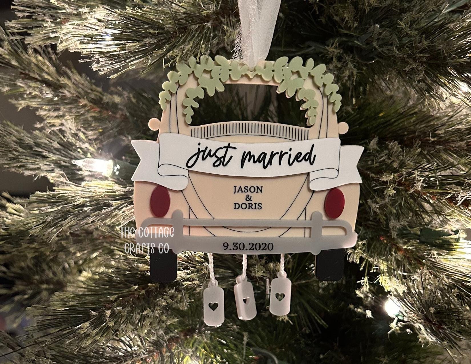 Just Married  Ornament, Newly Married Christmas, Custom Names Ornament, Couple in a Car Ornament,Married 2024, Wedding Gift Keepsake