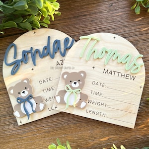 Anuncio de nacimiento, letrero con nombre, placa con 48 nombres, Hola, mi nombre es, accesorio para fotos de recién nacido, letrero de nacimiento de bebé niño, letrero con forma de osito de peluche.