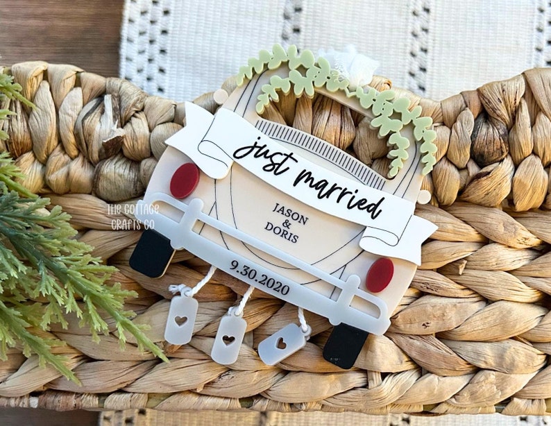 Just Married Ornament, Newly Married Christmas, Custom Names Ornament, Couple in a Car Ornament,Married 2024, Wedding Gift Keepsake