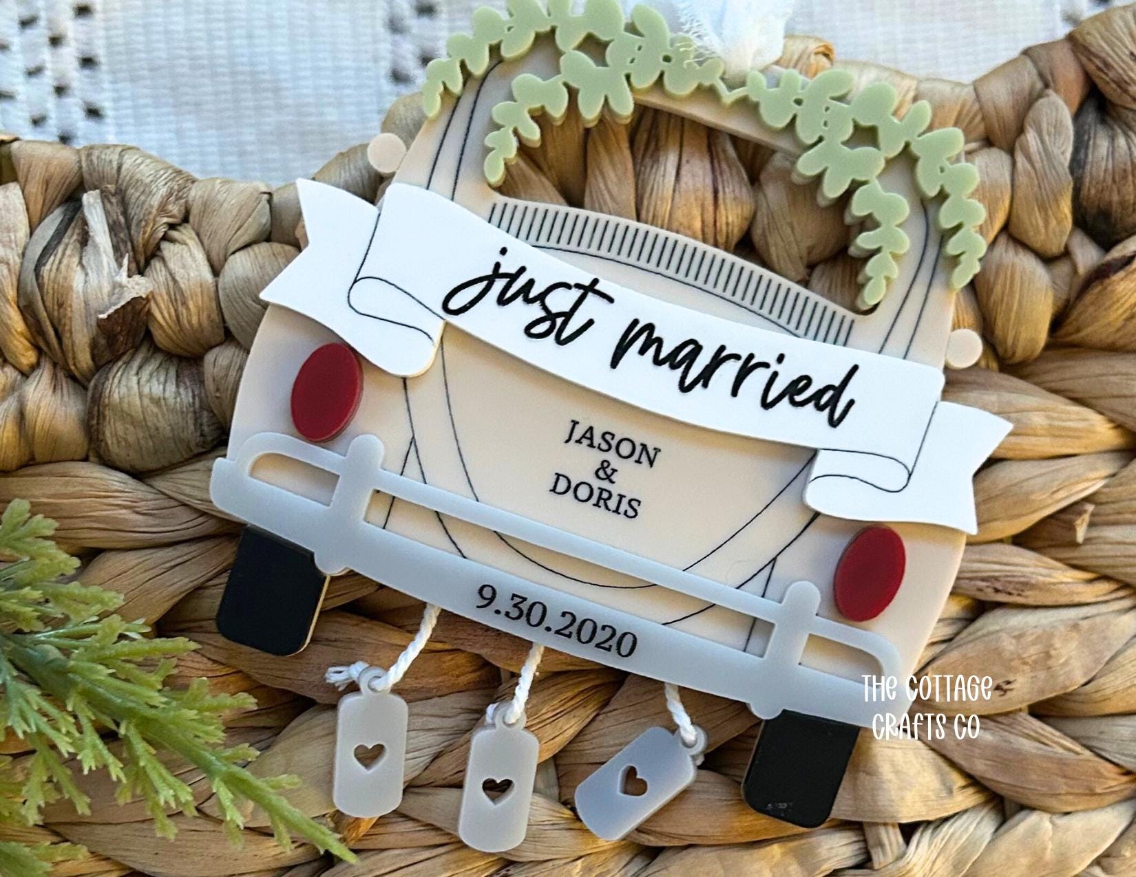 Just Married  Ornament, Newly Married Christmas, Custom Names Ornament, Couple in a Car Ornament,Married 2024, Wedding Gift Keepsake