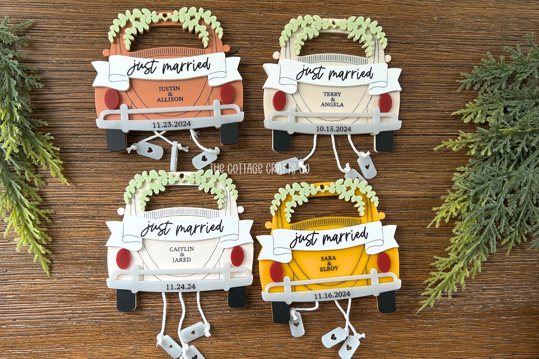 Just Married  Ornament, Newly Married Christmas, Custom Names Ornament, Couple in a Car Ornament,Married 2024, Wedding Gift Keepsake