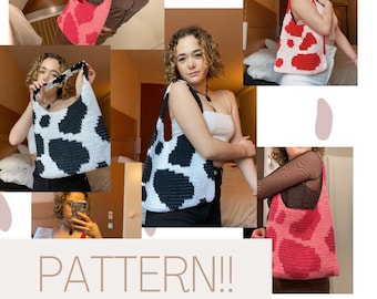 May include: Three different crochet bags with various patterns. The bags are made with a chunky yarn and have a simple, slouchy design. The bags are shown being worn by different people in various settings.