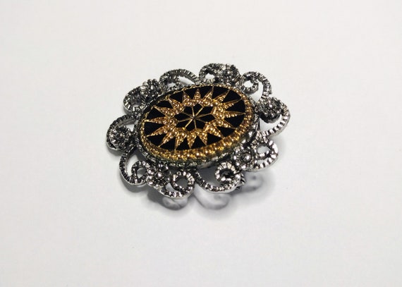 Vintage Mourning Brooch Pin Silver Gold Metal Vic… - image 7