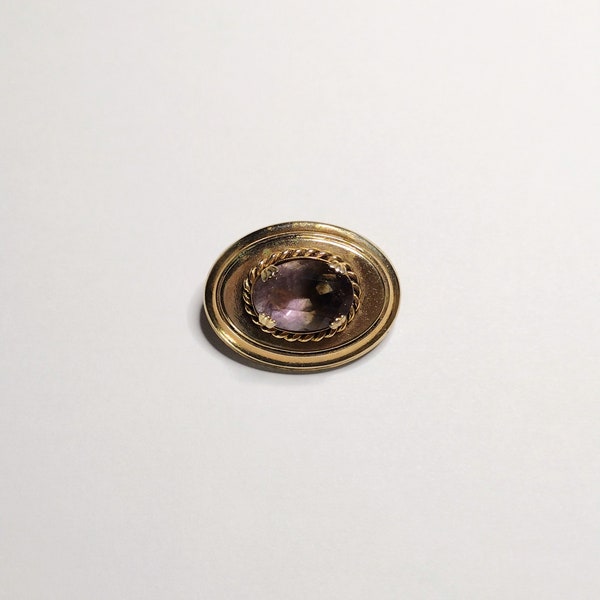 Vintage Brooch Pin Gold Metal Purple Lavender Violet Rhinestone Gem Oval Setting Textured Border Sparkle Retro Gift for Her