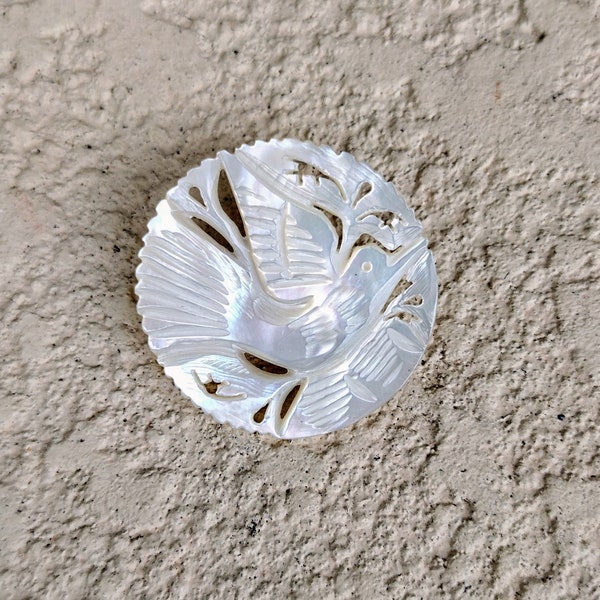 Vintage Brooch Pin Round Mother of Pearl MOP Carved Bird Dove Silver Metal Iridescent Retro Gift for Her