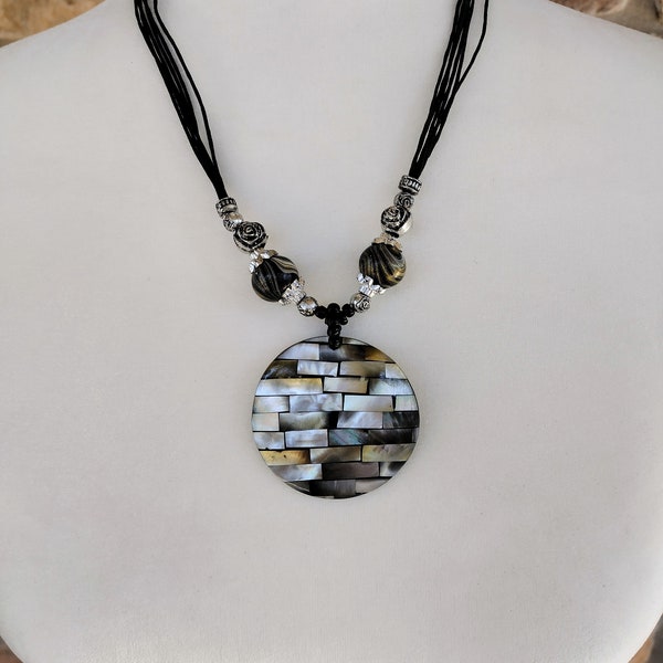 Vintage Necklace, Silver Metal, Mother of Pearl Abalone Inlay, Iridescent, Round Pendant, Beads, Black Rope Cord, Retro