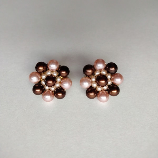 Vintage Earrings Clip-on Clip On Gold Metal Round Cream Brown Pink Faux Pearl Cluster Marked Japan Mid-Century Retro Gift for Her