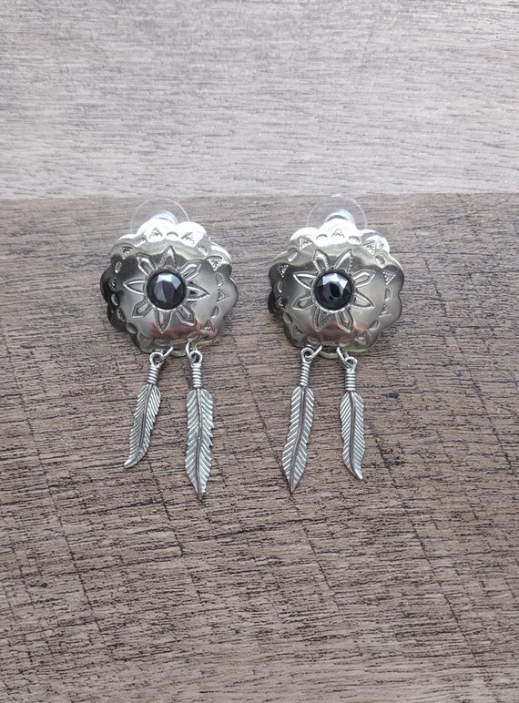 Vintage Concho Pierced Earrings Silver Metal Round