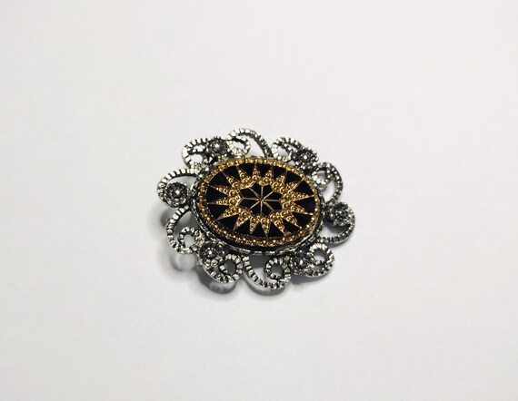 Vintage Mourning Brooch Pin Silver Gold Metal Vic… - image 5