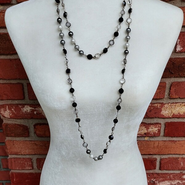 Vintage Necklace, Gold Metal, Marked Park Lane, Faux Pearls, Black and Clear Beads, Long Length, Retro