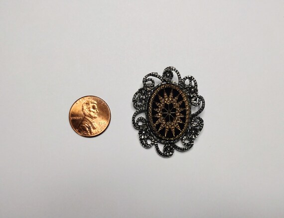 Vintage Mourning Brooch Pin Silver Gold Metal Vic… - image 2