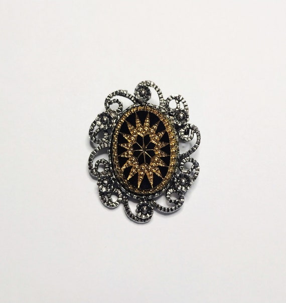 Vintage Mourning Brooch Pin Silver Gold Metal Vic… - image 1