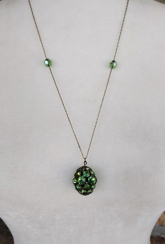 Vintage Necklace Gold Metal Light Green Rhineston… - image 3