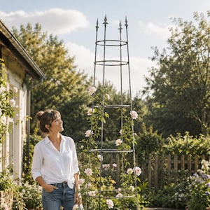 Op de afbeelding: Een donkere metalen tuinobelisk, ongeveer 2 meter hoog, met klimrozen. De rozen hebben zachtroze bloemen. De obelisk staat in een tuin, met een vrouw en een kleine hond op de achtergrond.