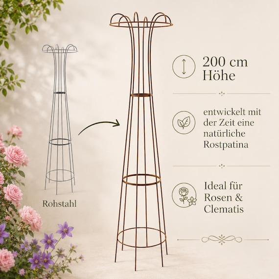 Rosenobelisk Edelrost 200 cm – Rankhilfe Metall zum Rosten – Garten Obelisk Rostoptik – Rankturmstabilisator