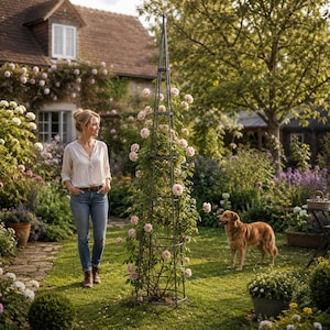 May include: A wrought iron obelisk in a garden, covered in pink roses. A woman stands in the garden, with a dog. The scene is set in front of a house covered in climbing flowers, creating a serene, floral landscape.