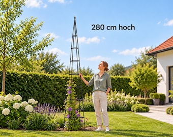 Op de afbeelding: Een hoge tuinobelisk van zwart metaal met een puntige top. De structuur heeft een conisch frame met horizontale ringen en verticale staven. De tekst 280 cm hoch is zichtbaar in het rechterbovenste gedeelte van de afbeelding.