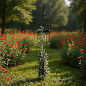 Op de afbeelding: Een zwarte metalen tuinobelisk met een puntige top, ontworpen om klimplanten te ondersteunen. De obelisk staat in een tuin met rode bloemen en groen gras. De obelisk is ongeveer 183 cm hoog.