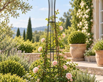 Op de afbeelding: Een hoge tuinobelisk van zwart metaal met een uitlopende bovenkant, voorzien van verticale staven en horizontale ringen. Een klimroos met groene bladeren en lichtroze bloemen groeit omhoog en slingert zich rond het frame.
