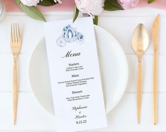 Fairytale Wedding Menu Template, Elegant Cinderella Wedding Menu, Cinderella Coach wedding menu, Elegant modern wedding menu