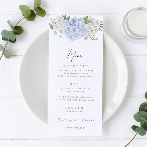 Blue Hydrangea Wedding Menu Template, Printable Wedding Menu, Floral Menu Printable, Printable Table Menu Cards, Instant