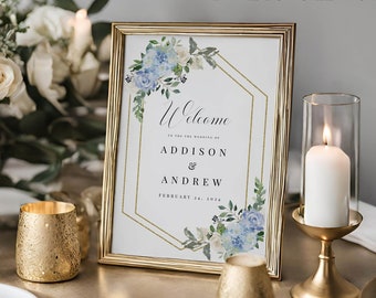 Wedding Welcome Sign Template, Blue Hydrangea Wedding, Dusty Blue and Gold, Templett Instant Download, Editable & Printable Welcome Sign