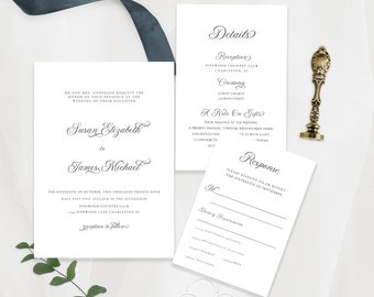 Wedding Invitation Template Set, Traditional Wedding Calligraphy, Editable Invitation Suite, Printable, Templett INSTANT Download
