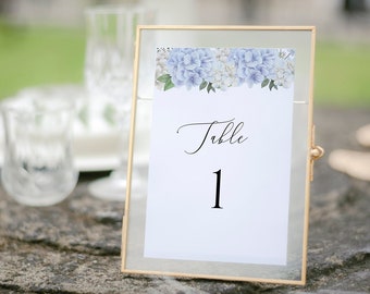 Table Number Template, Blue Hydrangea Floral, Editable Wedding Table Number Sign Printable, Templett INSTANT Download