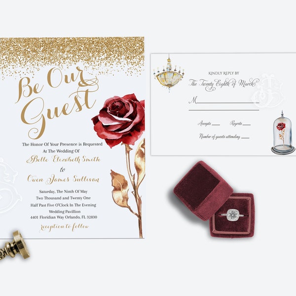 Beauty and the Beast Wedding Invitation, Wedding Invitation Set, Fairytale Wedding Invite, Castle wedding invitation