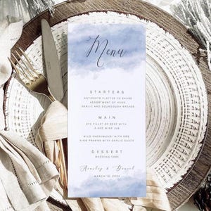 Simple Elegant Wedding Menu Template, French Blue Menu Cards, Blue Calligraphy Menu, Watercolor Wedding Instant Download