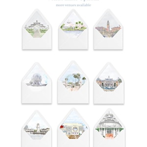 May include: Nine white envelopes with pointed flaps, each featuring a unique watercolour illustration of a different venue printed on the interior liner. The text at the top reads Venue Liner Options and more venues available.