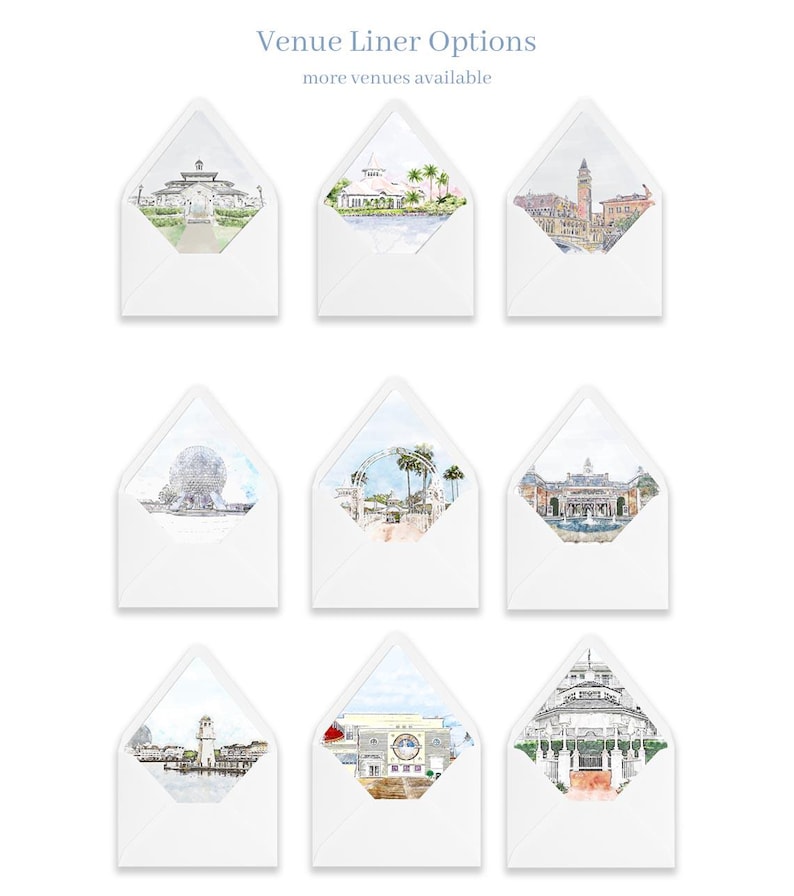 May include: Nine white envelopes with pointed flaps, each featuring a unique watercolour illustration of a different venue printed on the interior liner. The text at the top reads Venue Liner Options and more venues available.