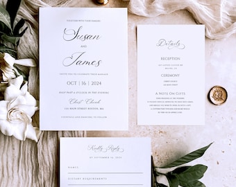 Wedding Invitation Template Set, Traditional Wedding Calligraphy, Editable Invitation Suite, Printable, Templett INSTANT Download