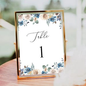 Editable Dusty Blue Wildflower Wedding Table Numbers Template, Printable Table Numbers, Wedding Table Numbers, Pastel Wildflower Invitation