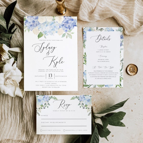 Wedding Invitation Template Set, Blue Hydrangea Wedding, Editable Wedding Invite Suite, RSVP, Details, Printable, INSTANT Download