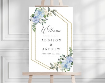 Wedding Welcome Sign Template, Blue Hydrangea Wedding, Dusty Blue and Gold, Templett Instant Download, Editable & Printable Welcome Sign
