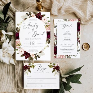 Wedding Invitation Template Set, Burgundy Wedding, Wedding Invitation Suite, Printable, Editable, RSVP, Details, Templett INSTANT Download