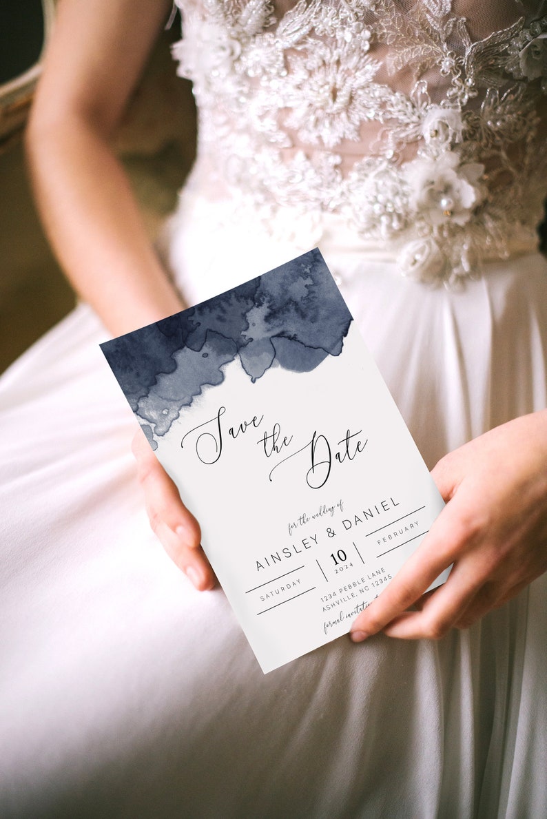 Save the Date Template, Navy Blue Watercolor, Elegant Save Our Date Card, Printable, Editable, Templett INSTANT Download image 2