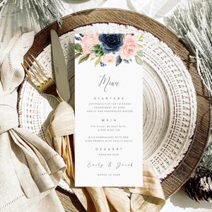 Floral Menu Card Template Watercolor Flower Wedding Menu, Blush Navy Dinner Wedding, Floral Dinner Menu Printable, Printable Men Instant DIY
