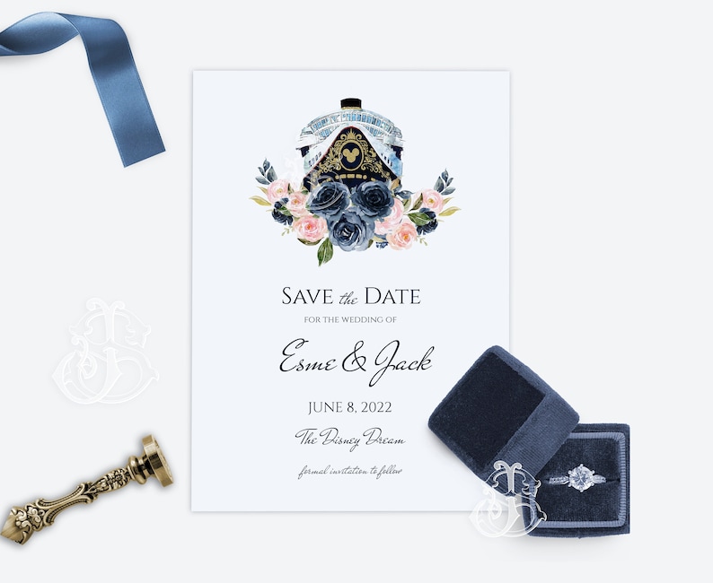 May include: A white Save the Date card featuring a watercolour illustration of a cruise ship with navy and pink floral accents. The text reads: Save the Date for the wedding of Esme & Jack, June 8, 2022, The Disney Dream. Includes a navy velvet ring box.