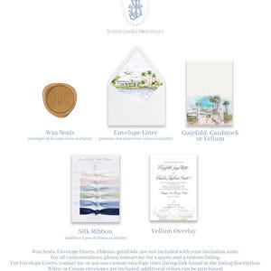 May include: A stationery suite display featuring a gold wax seal with a monogram, an envelope with a watercolour venue liner, a gatefold card, a set of five silk ribbons in various colours, and a vellum overlay with printed text and venue art.