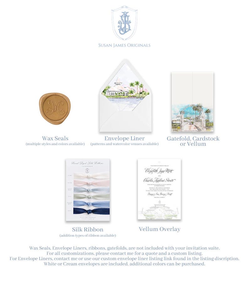 May include: A stationery suite display featuring a gold wax seal with a monogram, an envelope with a watercolour venue liner, a gatefold card, a set of five silk ribbons in various colours, and a vellum overlay with printed text and venue art.