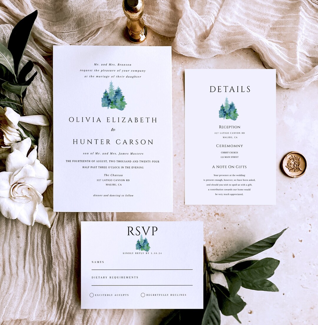 Rustic Pine Tree Wedding Invitation Template Set, Pine Forest Wedding ...
