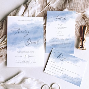 Wedding Invitation Template Set, Dusty Blue Watercolor Wedding Invitation Suite, Printable Editable, RSVP Details, Templett INSTANT Download