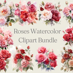 Watercolor Roses Clipart Bundle, Watercolor Floral Clipart, Red Roses PNG & SVG Digital Download Bundle, Wedding Clipart, Commercial Use Art