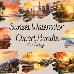 Sunset Watercolor Clipart Bundle, Sunset Scenes, Sunset PNG & SVG Digital Download Bundle, Scrapbooking Images, Tropical Sunsets
