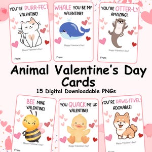 Druckbare Valentinstagskarten, Valentinstagskarten mit Tieren, Valentinstag für Kinder, PNG-Valentinstag, digitaler Download, Valentinstagskarte