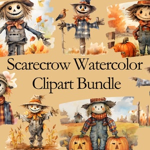 Scarecrow Watercolor Clipart Bundle, Autumn Clipart, Fall PNG Clipart, Scarecrow PNG & SVG Digital Download Bundle, Scrapbooking Images