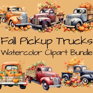 Fall Pickup Truck Watercolor Clipart Bundle, Autumn Clipart, Pumpkin PNG Clipart, Fall PNG & SVG Digital Download, Autumn Scene clipart