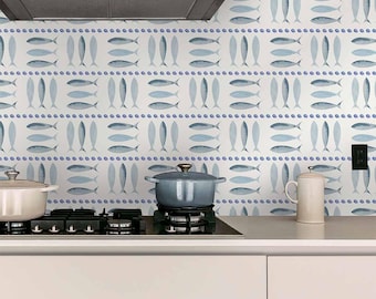 Sardines Kitchen Tile Wallpaper: Coastal Blue, Peel and Stick